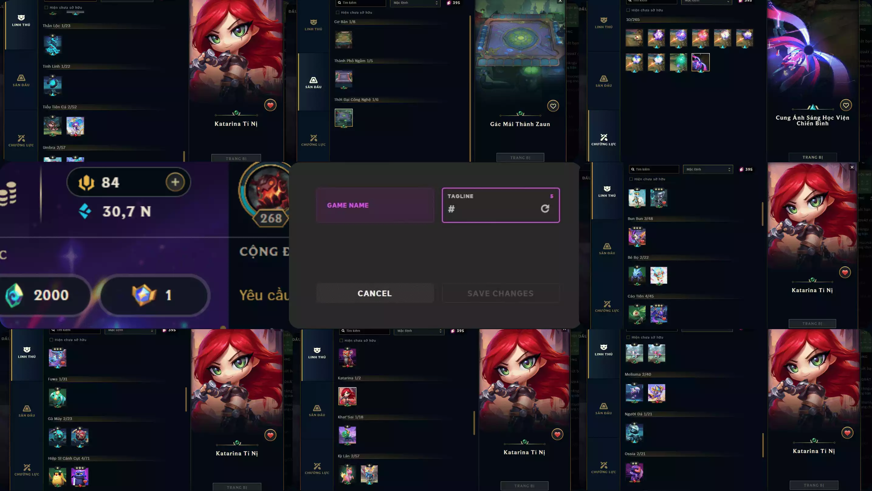 Ảnh ACC 5VS5  SKIN : 173 ,FULL TƯỚNG ,LV : 268 ,DƯ 30K THL, RANK BẠC 3 DTCL : KATARINA TÍ NỊ VÀ NHIỀU PET 3 SAO SÂN CHƯỞNG ĐẦY ĐỦ RANK VÀNG 1, CÒN ĐỔI TÊN